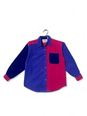 Vintage 90s Color Block Corduroy Button Up Shirt Pink Purple Small